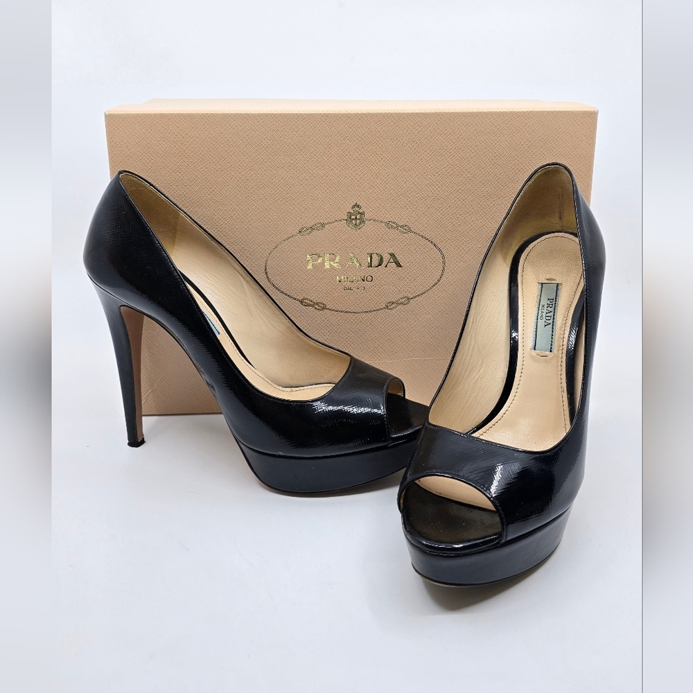 Prada Saffiano Leather Peep-Toe Platform Pumps